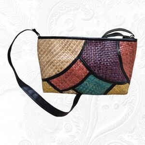 HandWoven  Pandan Leaves Multicolor Patchwork Crossbody Bag with Black Strap